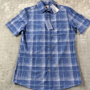 ROWM Shirt Mens Small Blue Plaid 4-Way Stretch Wicking‎ Light Resort Vacation